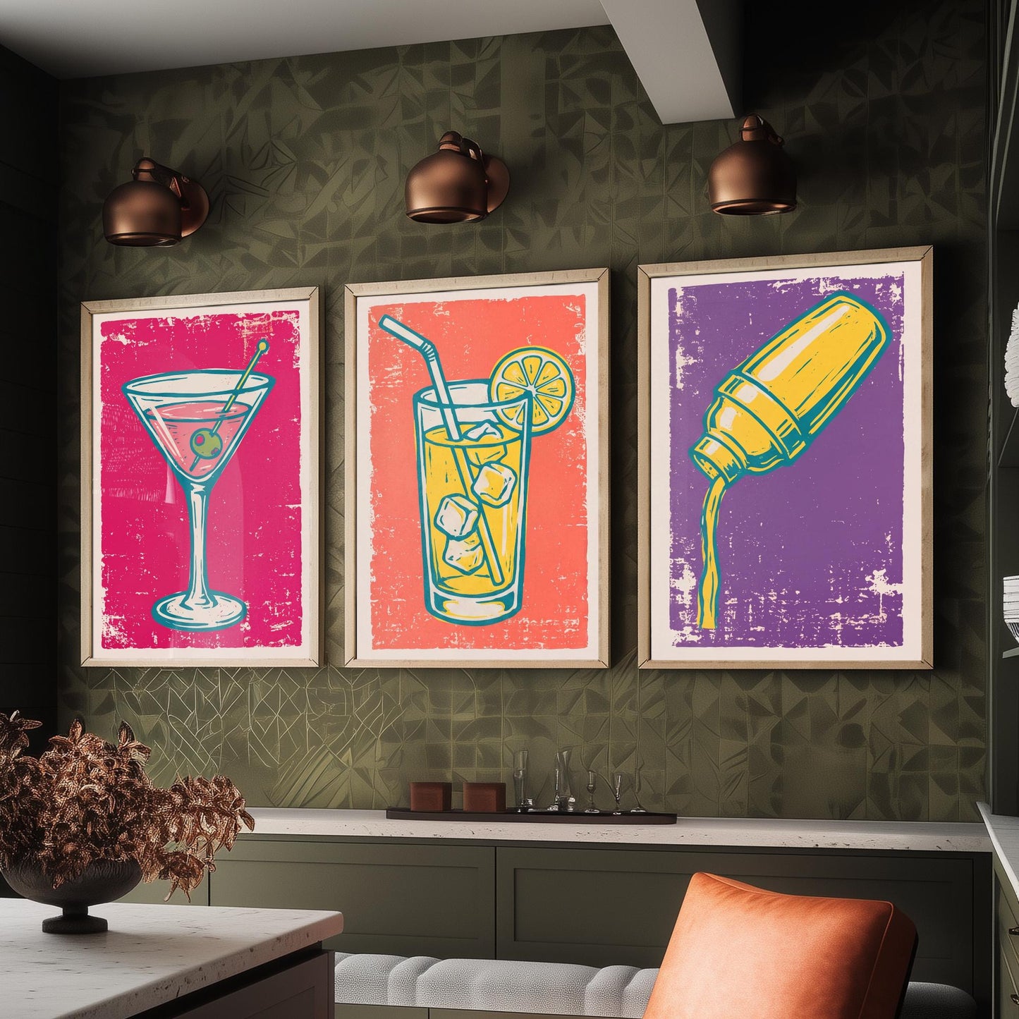 Martini, Highball and Cocktail Shaker - Set of Three Linocut Illustrations - Bar Art Prints - Retro Drinks Posters V1