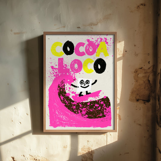 Cocoa Loco Art Print - Marshmallow Surfing Hot Chocolate Poster - Neon Pink Splatter Illustration
