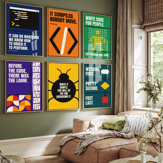 Set of Six Coding Quote Art Prints - 6 Bauhaus Programmer Posters - Minimalist Tech Illustration - Code, Bug, Flowchart