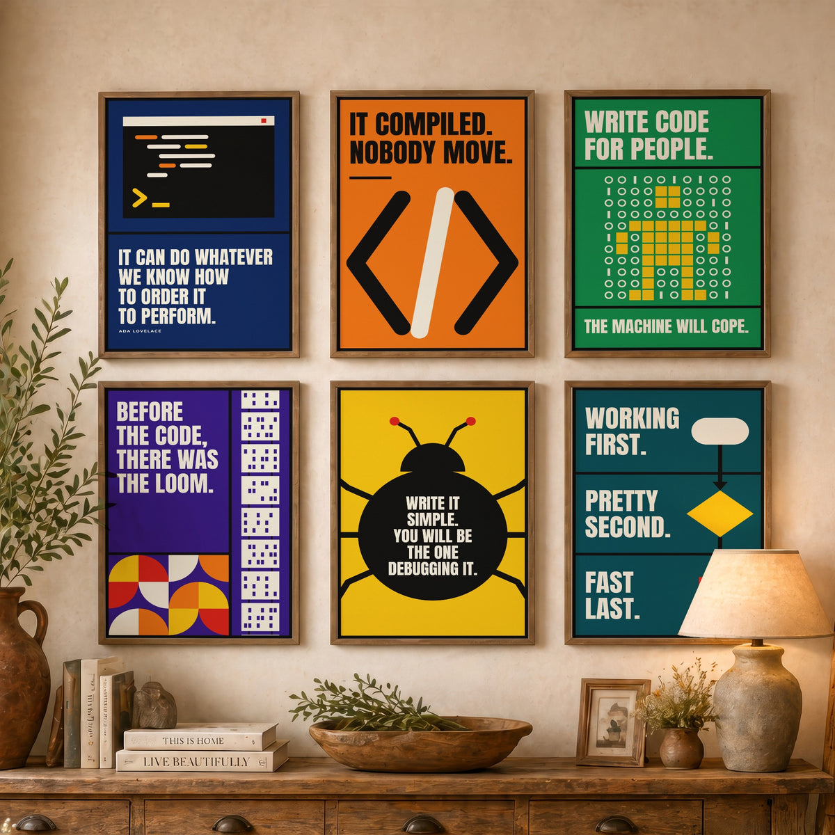 Set of Six Coding Quote Art Prints - 6 Bauhaus Programmer Posters - Minimalist Tech Illustration - Code, Bug, Flowchart