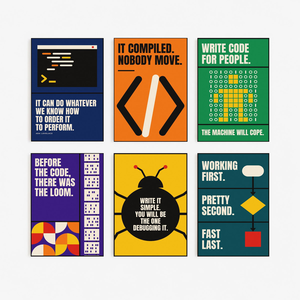 Set of Six Coding Quote Art Prints - 6 Bauhaus Programmer Posters - Minimalist Tech Illustration - Code, Bug, Flowchart