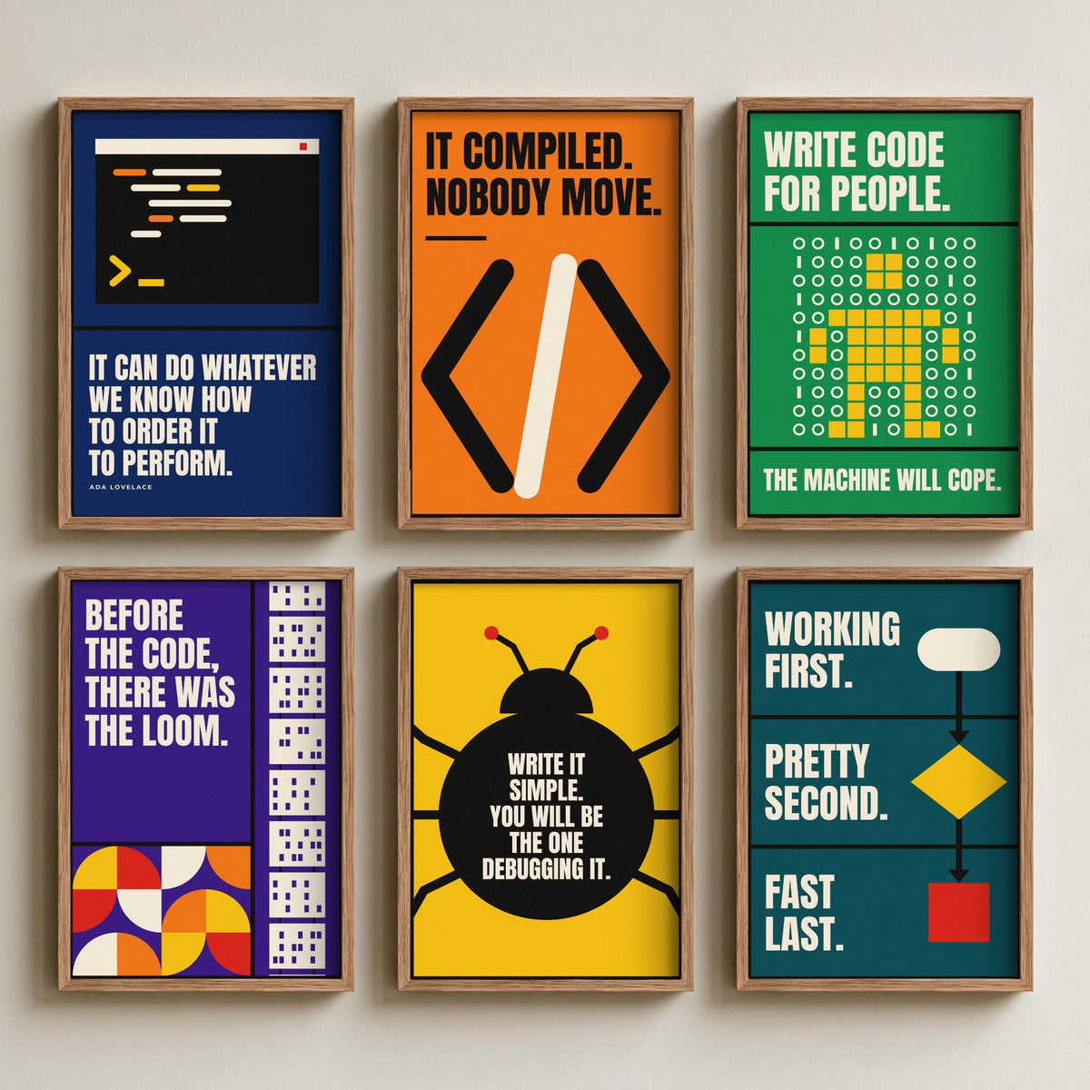 Set of Six Coding Quote Art Prints - 6 Bauhaus Programmer Posters - Minimalist Tech Illustration - Code, Bug, Flowchart