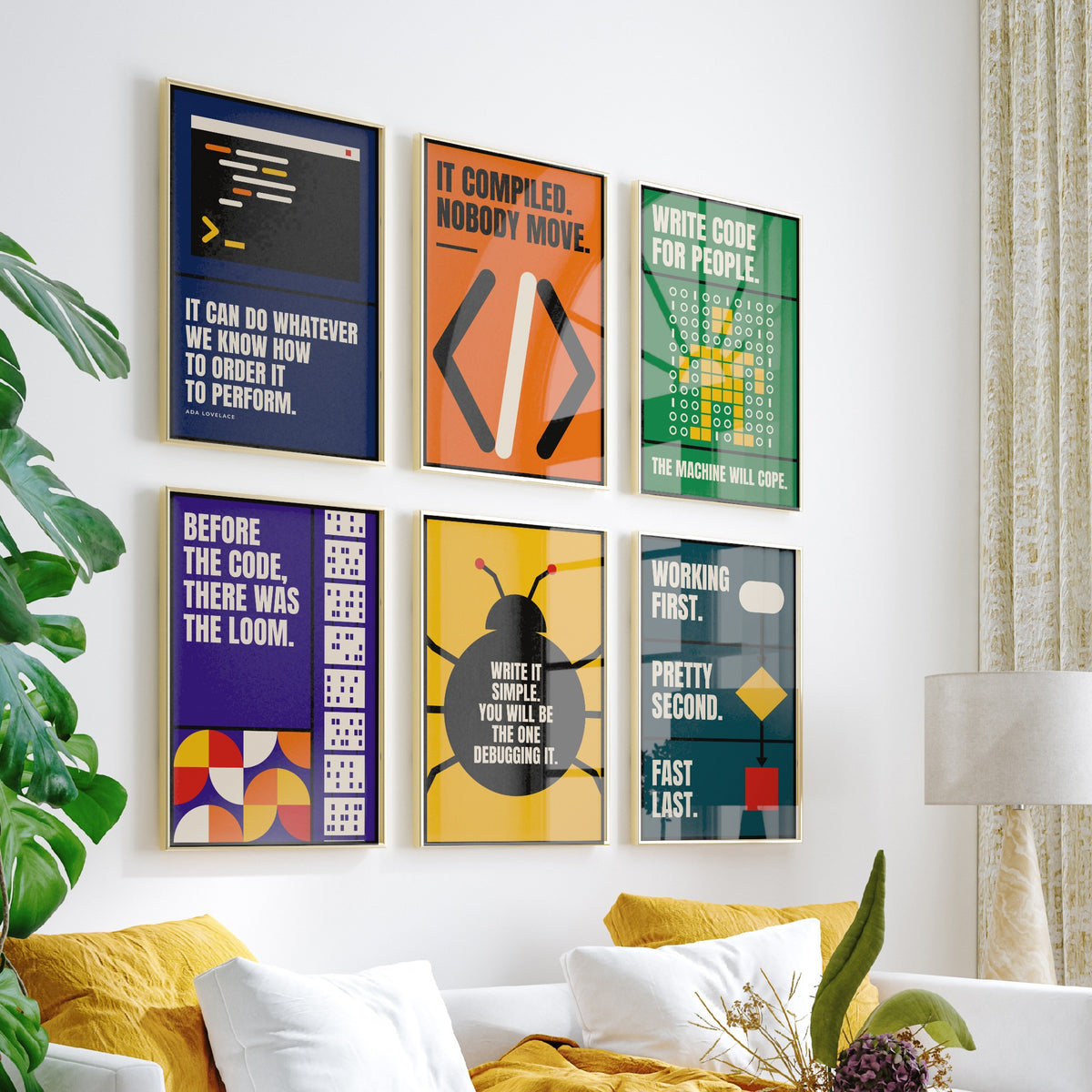Set of Six Coding Quote Art Prints - 6 Bauhaus Programmer Posters - Minimalist Tech Illustration - Code, Bug, Flowchart