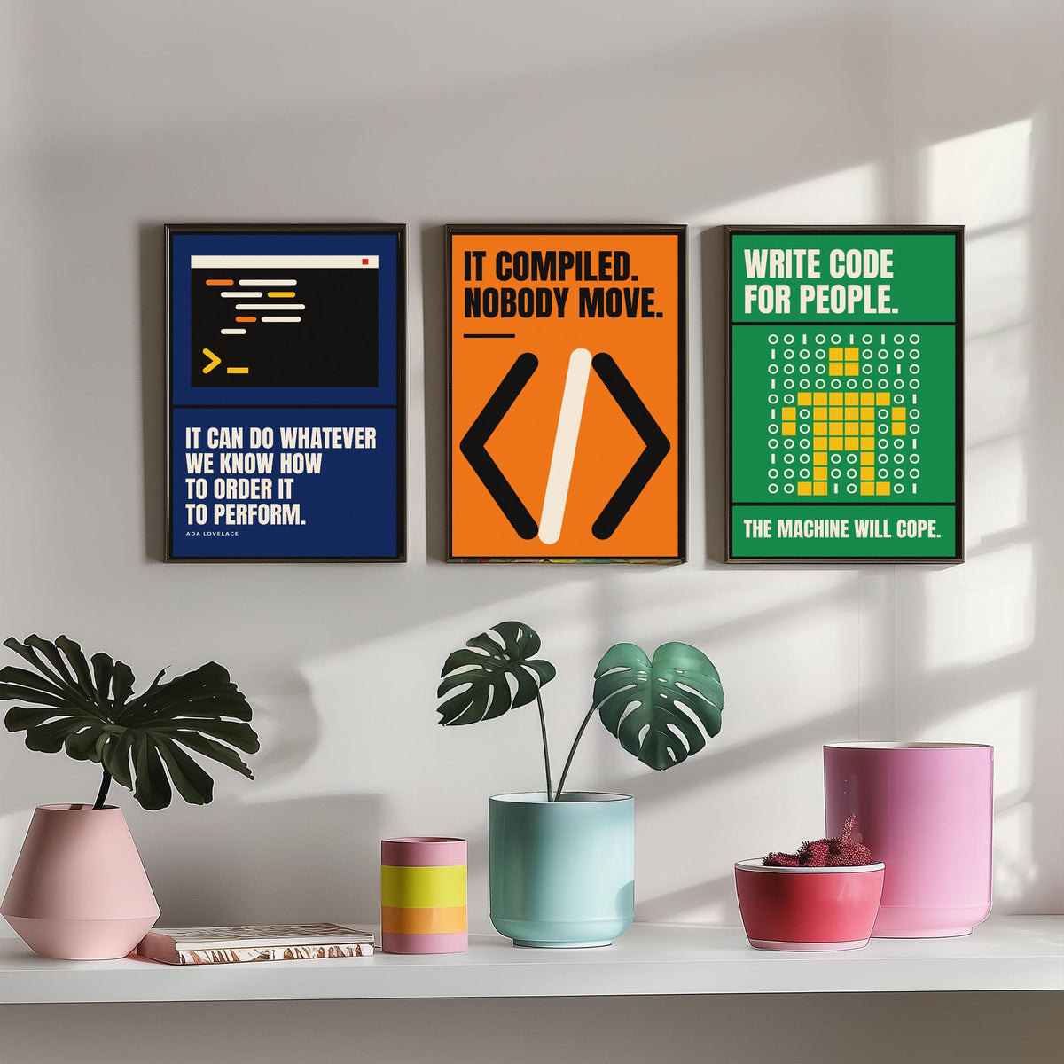 Coding Quotes Set of Three Art Prints - 3 Bauhaus Programmer Posters - Minimalist Tech Wall Art Illustration V1