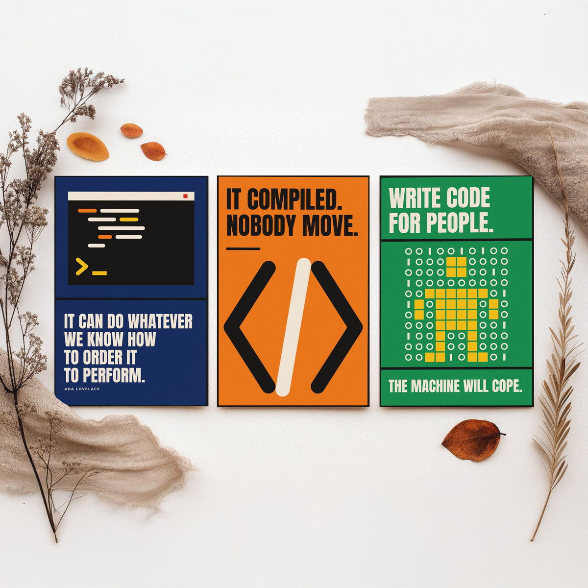 Coding Quotes Set of Three Art Prints - 3 Bauhaus Programmer Posters - Minimalist Tech Wall Art Illustration V1