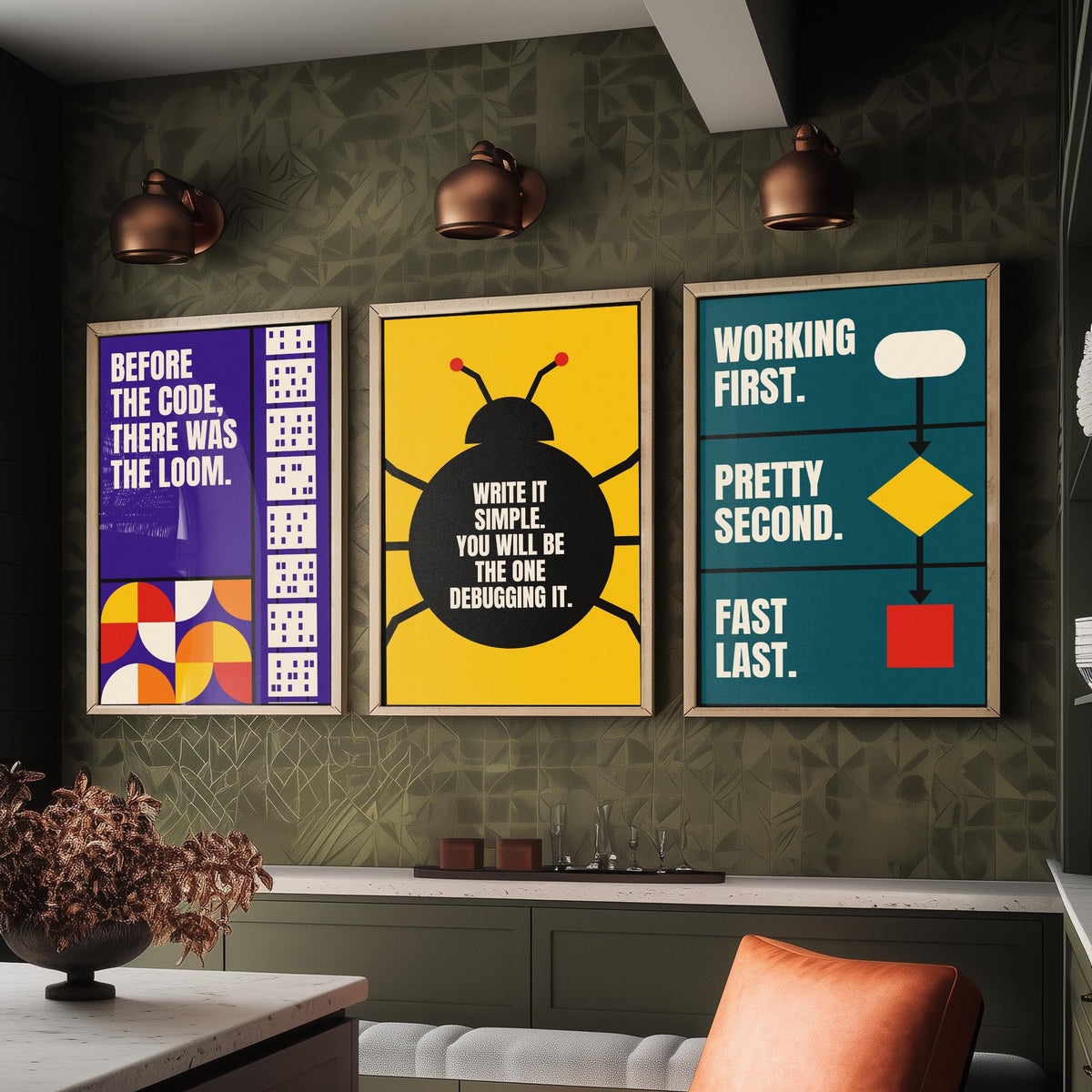 Coding Quotes Set of Three Art Prints - 3 Retro Bauhaus Programmer Posters - Minimalist Tech Wall Art Illustration V2
