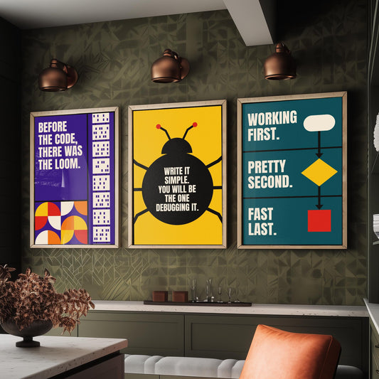 Coding Quotes Set of Three Art Prints - 3 Retro Bauhaus Programmer Posters - Minimalist Tech Wall Art Illustration V2