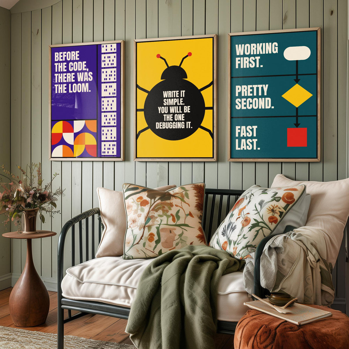 Coding Quotes Set of Three Art Prints - 3 Retro Bauhaus Programmer Posters - Minimalist Tech Wall Art Illustration V2