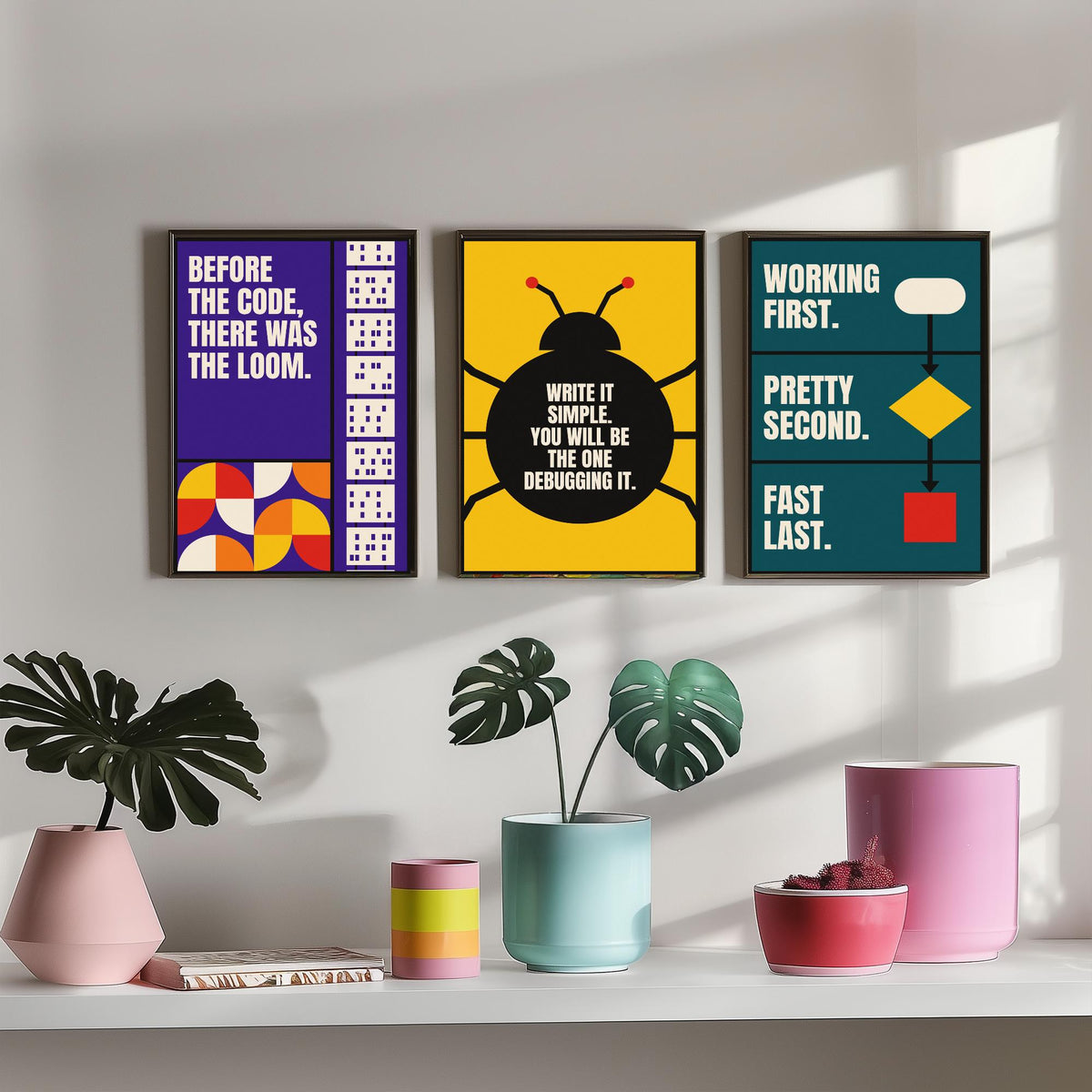 Coding Quotes Set of Three Art Prints - 3 Retro Bauhaus Programmer Posters - Minimalist Tech Wall Art Illustration V2