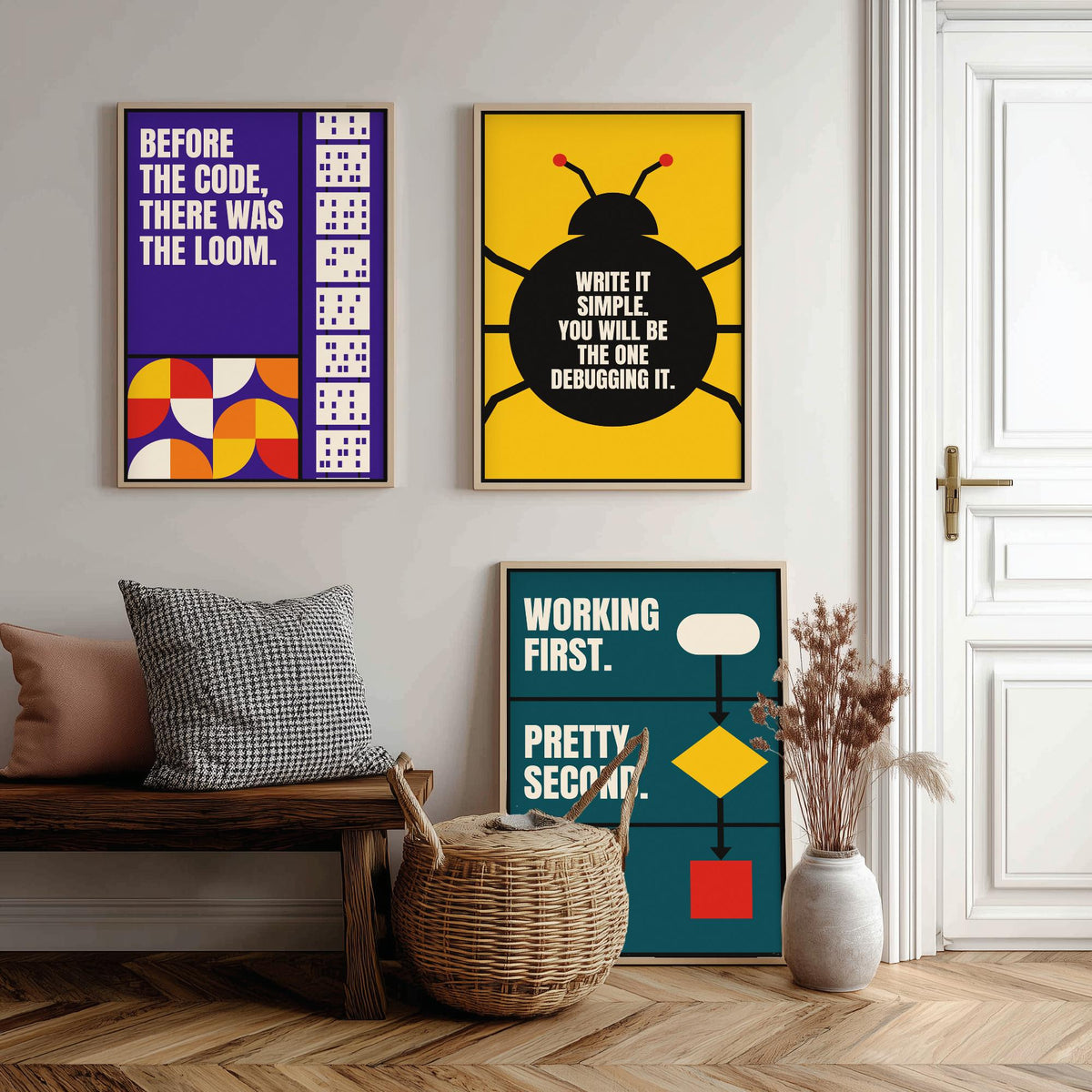 Coding Quotes Set of Three Art Prints - 3 Retro Bauhaus Programmer Posters - Minimalist Tech Wall Art Illustration V2