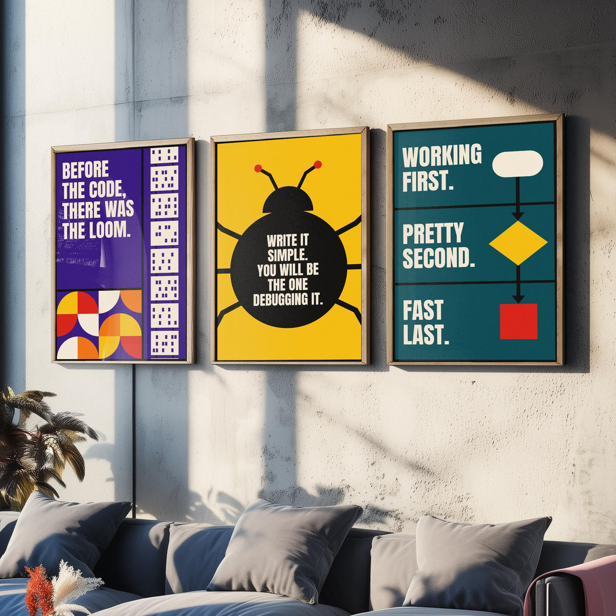 Coding Quotes Set of Three Art Prints - 3 Retro Bauhaus Programmer Posters - Minimalist Tech Wall Art Illustration V2