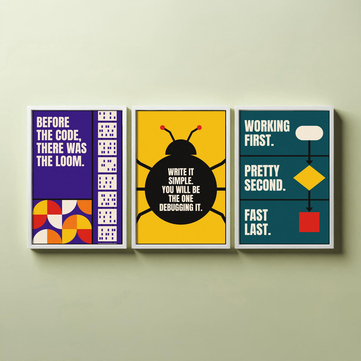 Coding Quotes Set of Three Art Prints - 3 Retro Bauhaus Programmer Posters - Minimalist Tech Wall Art Illustration V2