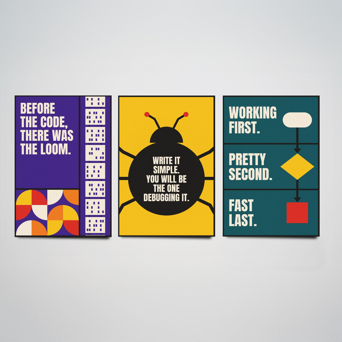 Coding Quotes Set of Three Art Prints - 3 Retro Bauhaus Programmer Posters - Minimalist Tech Wall Art Illustration V2
