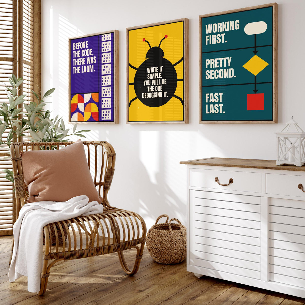 Coding Quotes Set of Three Art Prints - 3 Retro Bauhaus Programmer Posters - Minimalist Tech Wall Art Illustration V2