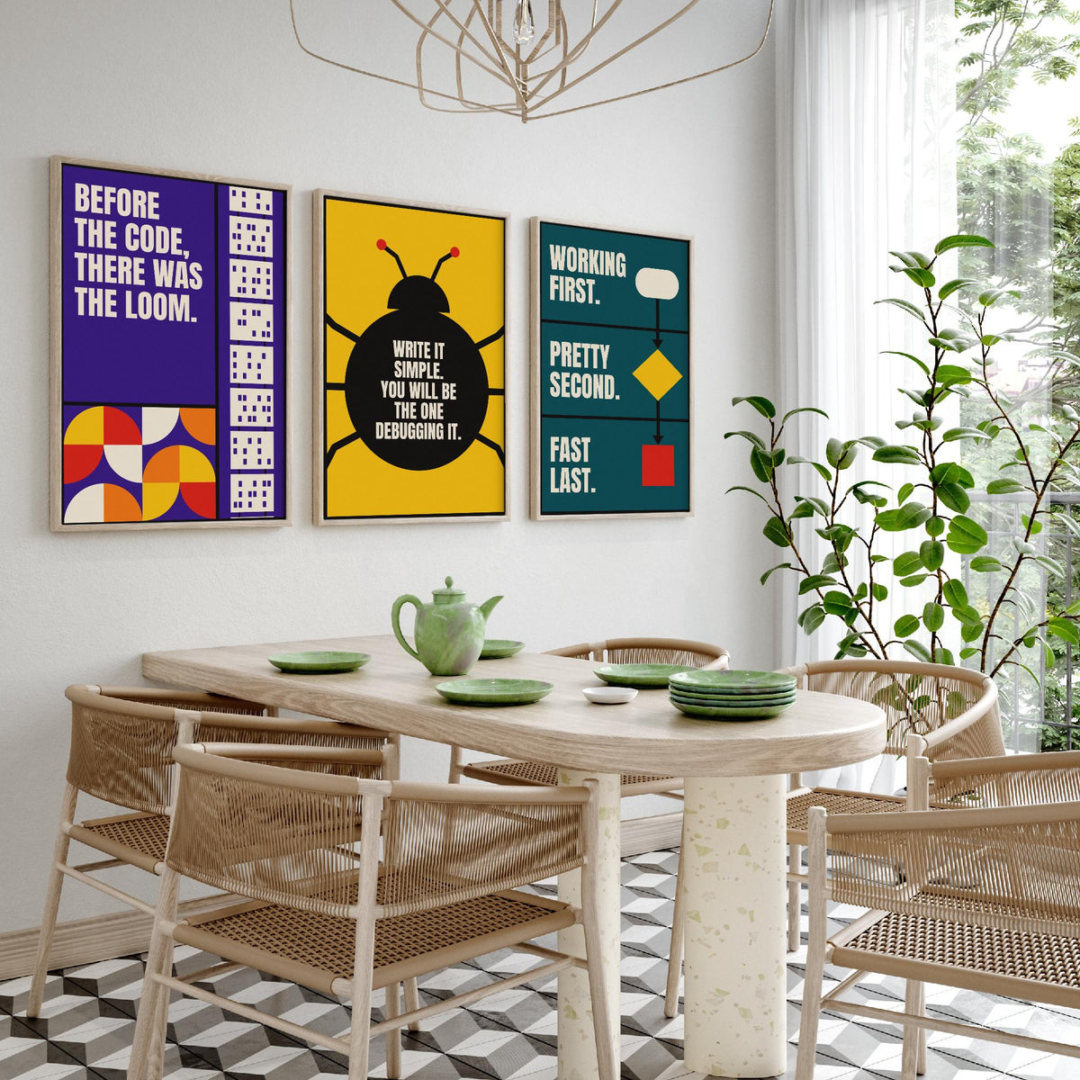 Coding Quotes Set of Three Art Prints - 3 Retro Bauhaus Programmer Posters - Minimalist Tech Wall Art Illustration V2