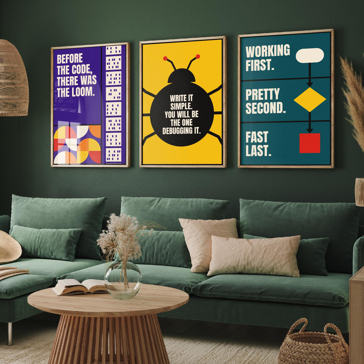 Coding Quotes Set of Three Art Prints - 3 Retro Bauhaus Programmer Posters - Minimalist Tech Wall Art Illustration V2