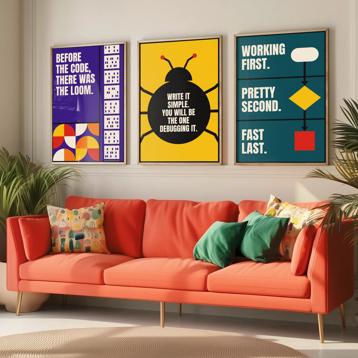 Coding Quotes Set of Three Art Prints - 3 Retro Bauhaus Programmer Posters - Minimalist Tech Wall Art Illustration V2