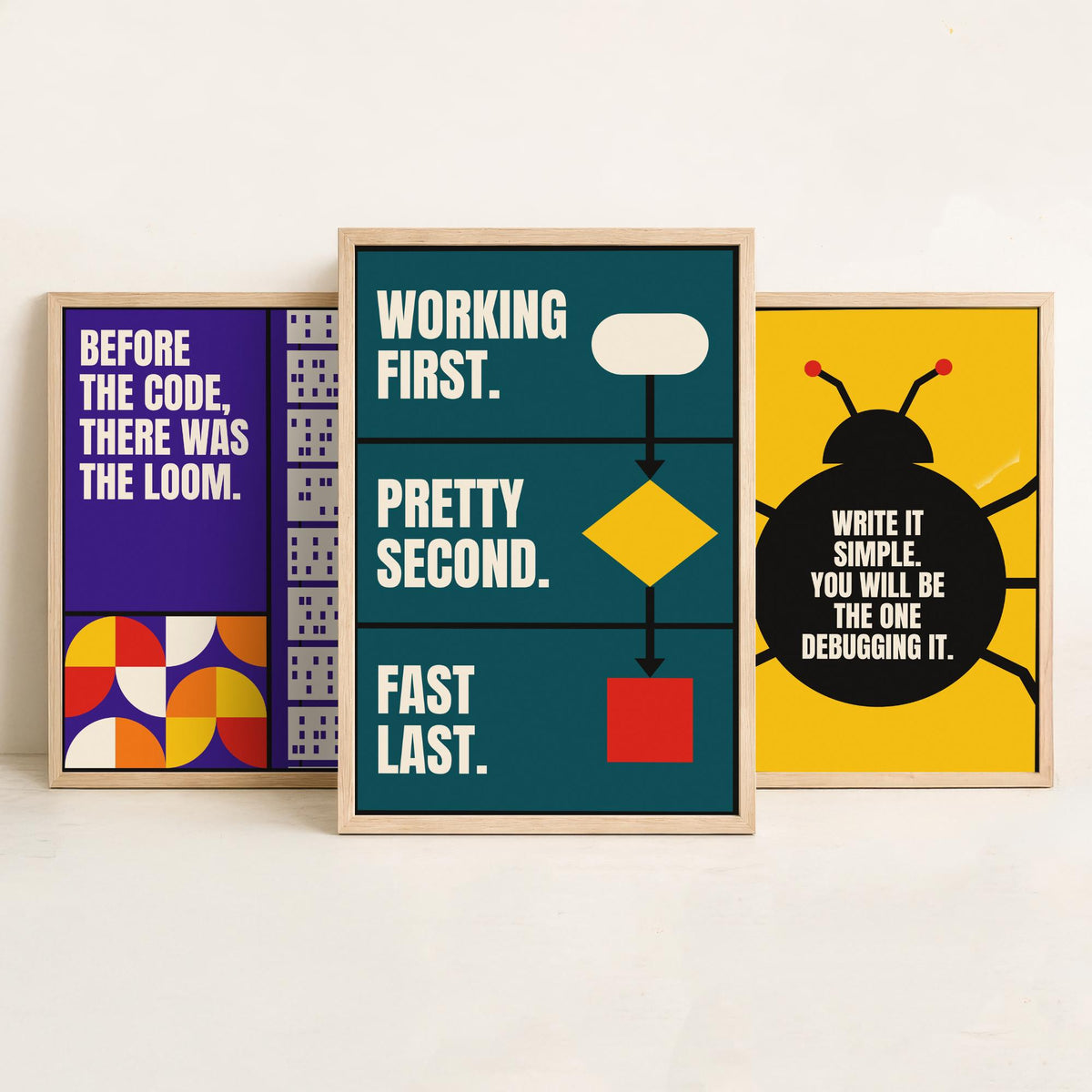 Coding Quotes Set of Three Art Prints - 3 Retro Bauhaus Programmer Posters - Minimalist Tech Wall Art Illustration V2