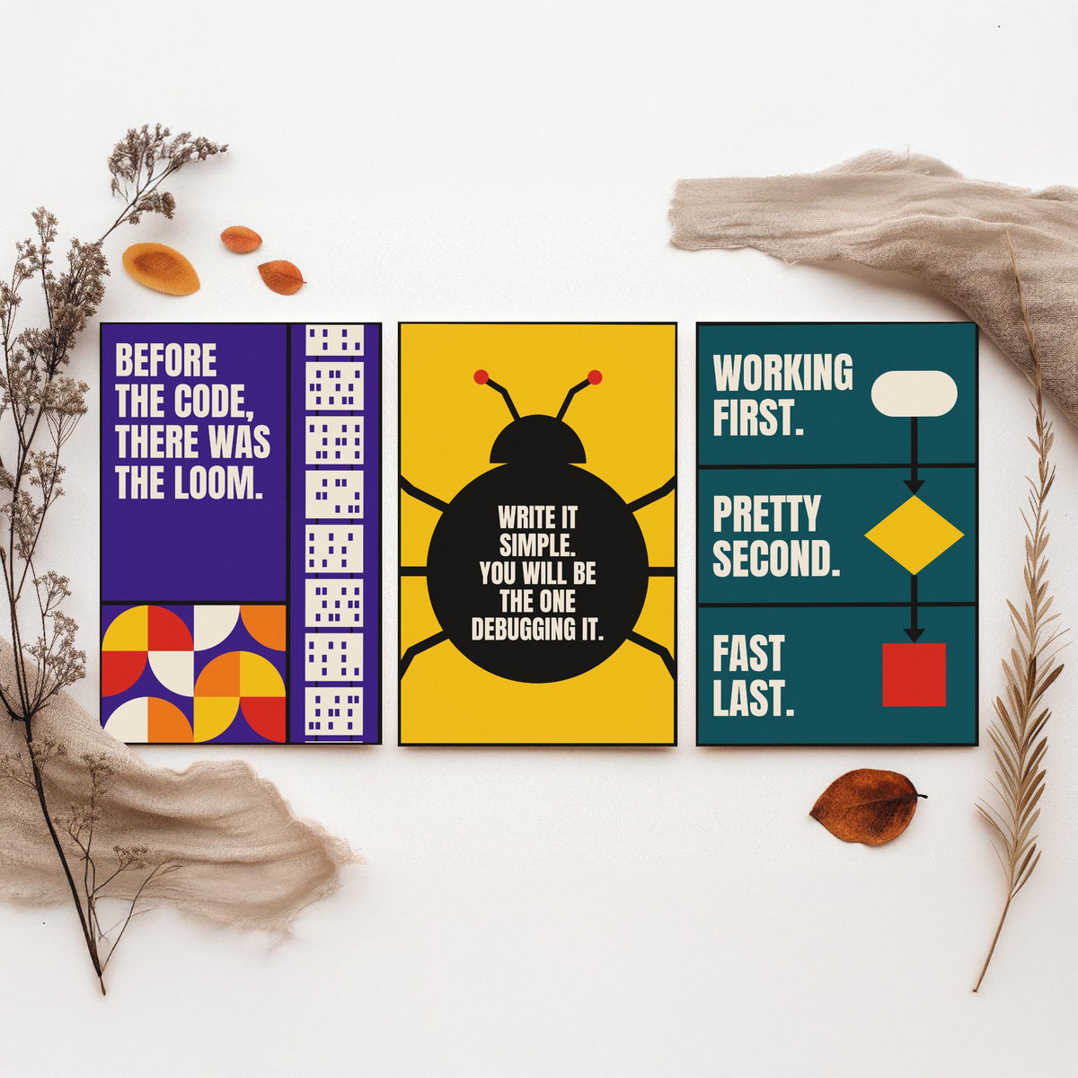 Coding Quotes Set of Three Art Prints - 3 Retro Bauhaus Programmer Posters - Minimalist Tech Wall Art Illustration V2