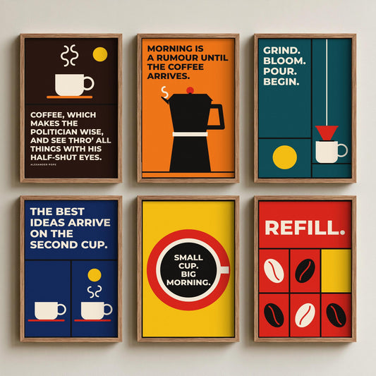 Set of Six Coffee Quote Art Prints - 6 Bauhaus Barista Posters - Minimalist Kitchen Illustration - Stovetop Pot, Pour Over, Beans
