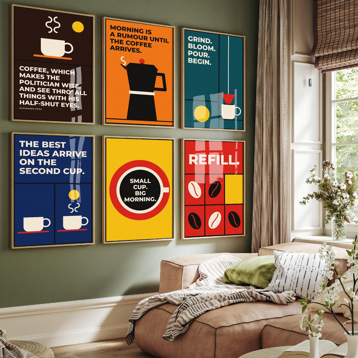 Set of Six Coffee Quote Art Prints - 6 Bauhaus Barista Posters - Minimalist Kitchen Illustration - Stovetop Pot, Pour Over, Beans