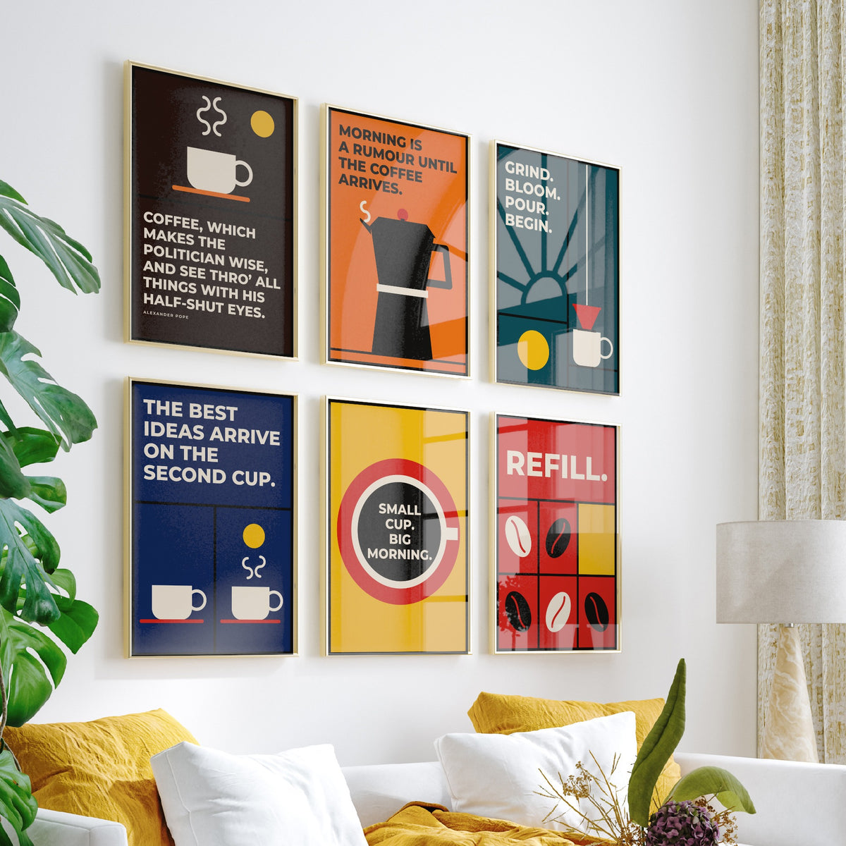 Set of Six Coffee Quote Art Prints - 6 Bauhaus Barista Posters - Minimalist Kitchen Illustration - Stovetop Pot, Pour Over, Beans