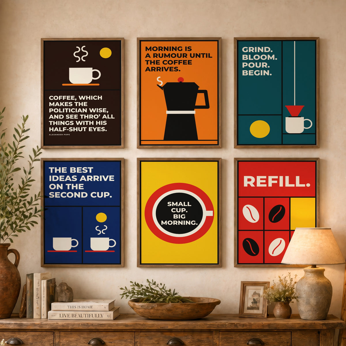 Set of Six Coffee Quote Art Prints - 6 Bauhaus Barista Posters - Minimalist Kitchen Illustration - Stovetop Pot, Pour Over, Beans