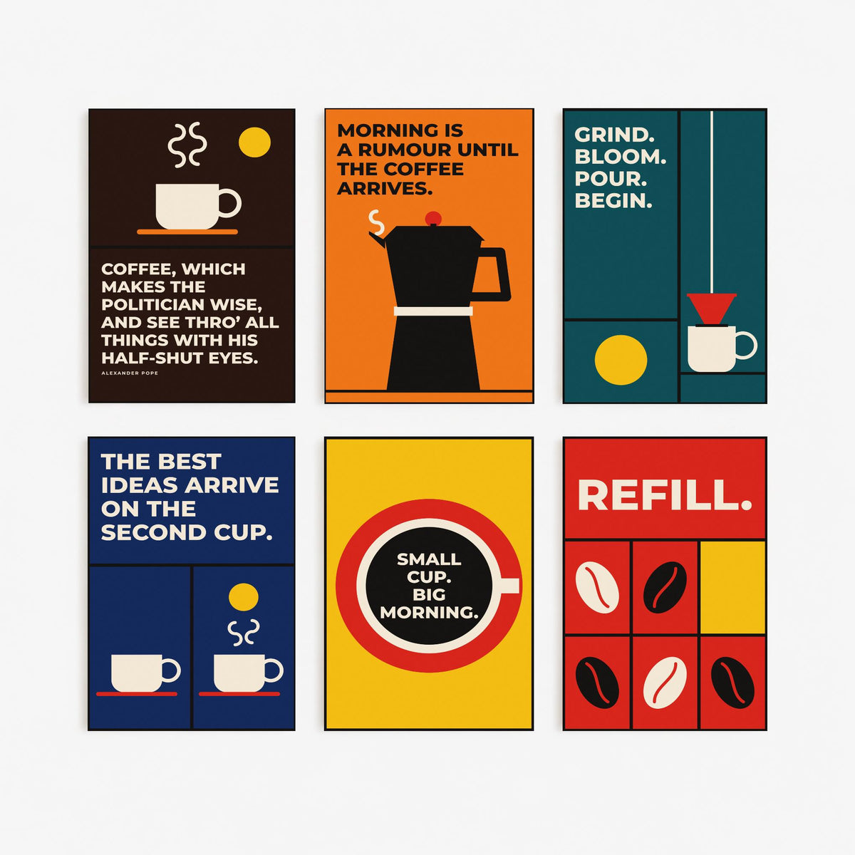 Set of Six Coffee Quote Art Prints - 6 Bauhaus Barista Posters - Minimalist Kitchen Illustration - Stovetop Pot, Pour Over, Beans