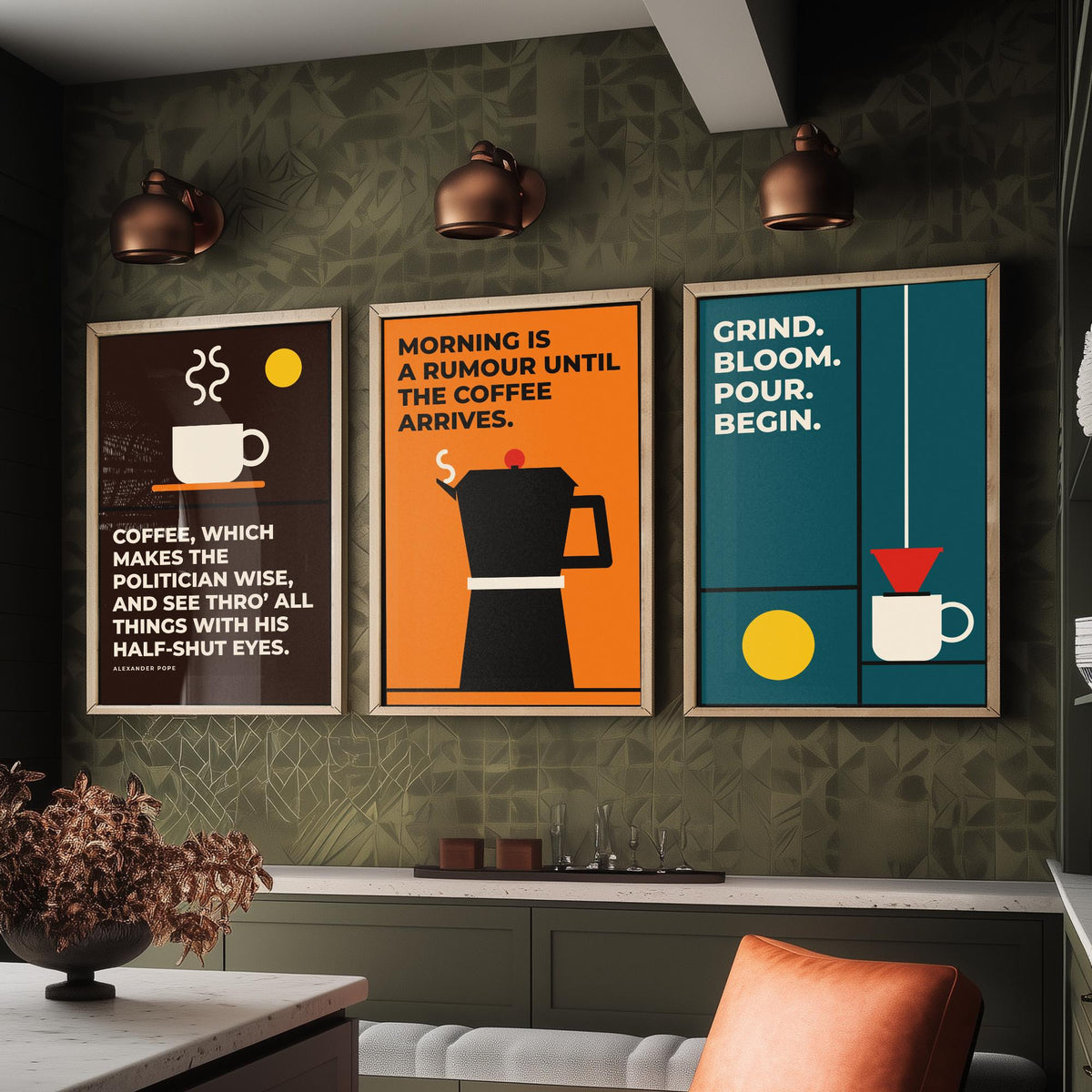 Coffee Quotes Set of Three Art Prints - 3 Bauhaus Barista Posters - Minimalist Kitchen Wall Art Illustration V1