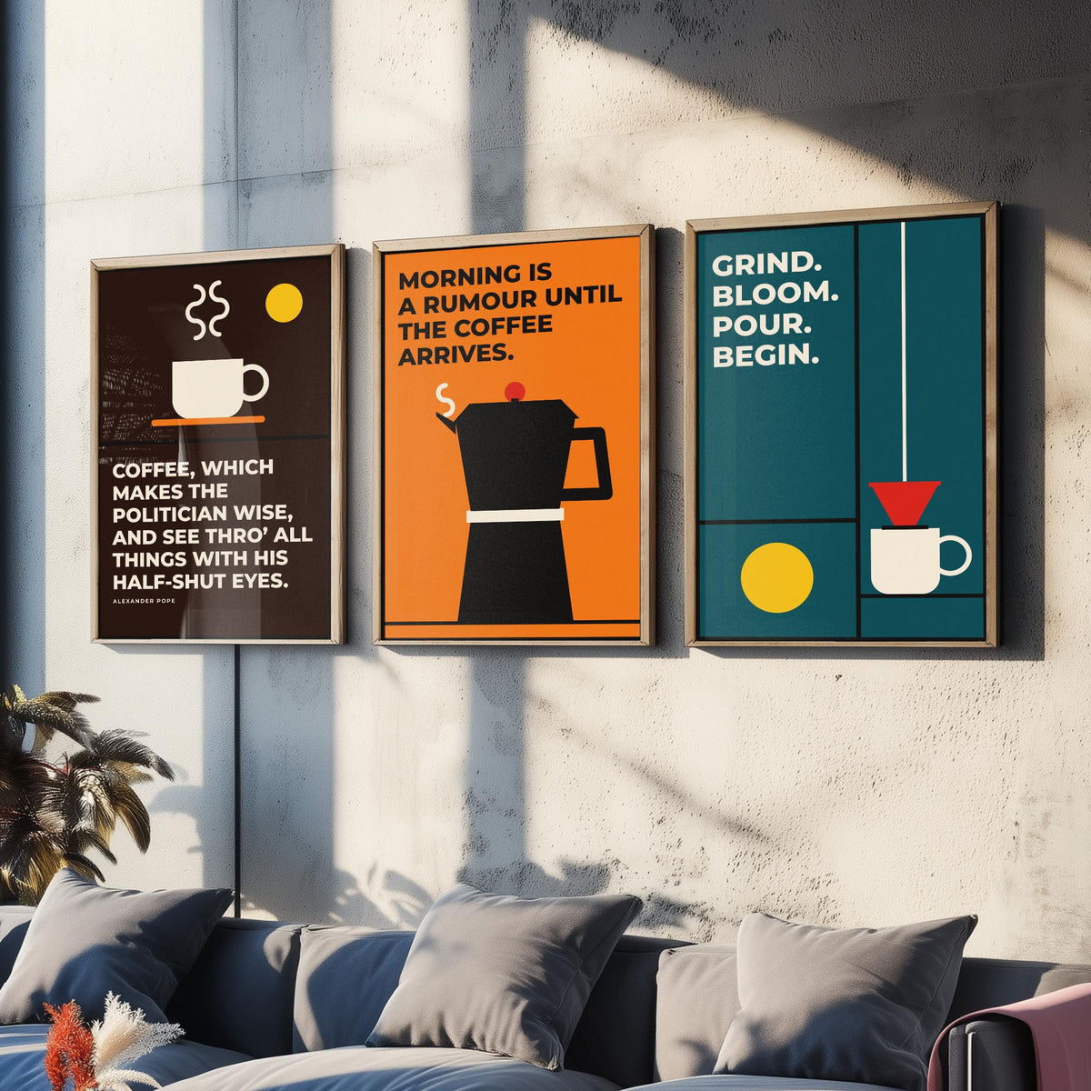 Coffee Quotes Set of Three Art Prints - 3 Bauhaus Barista Posters - Minimalist Kitchen Wall Art Illustration V1