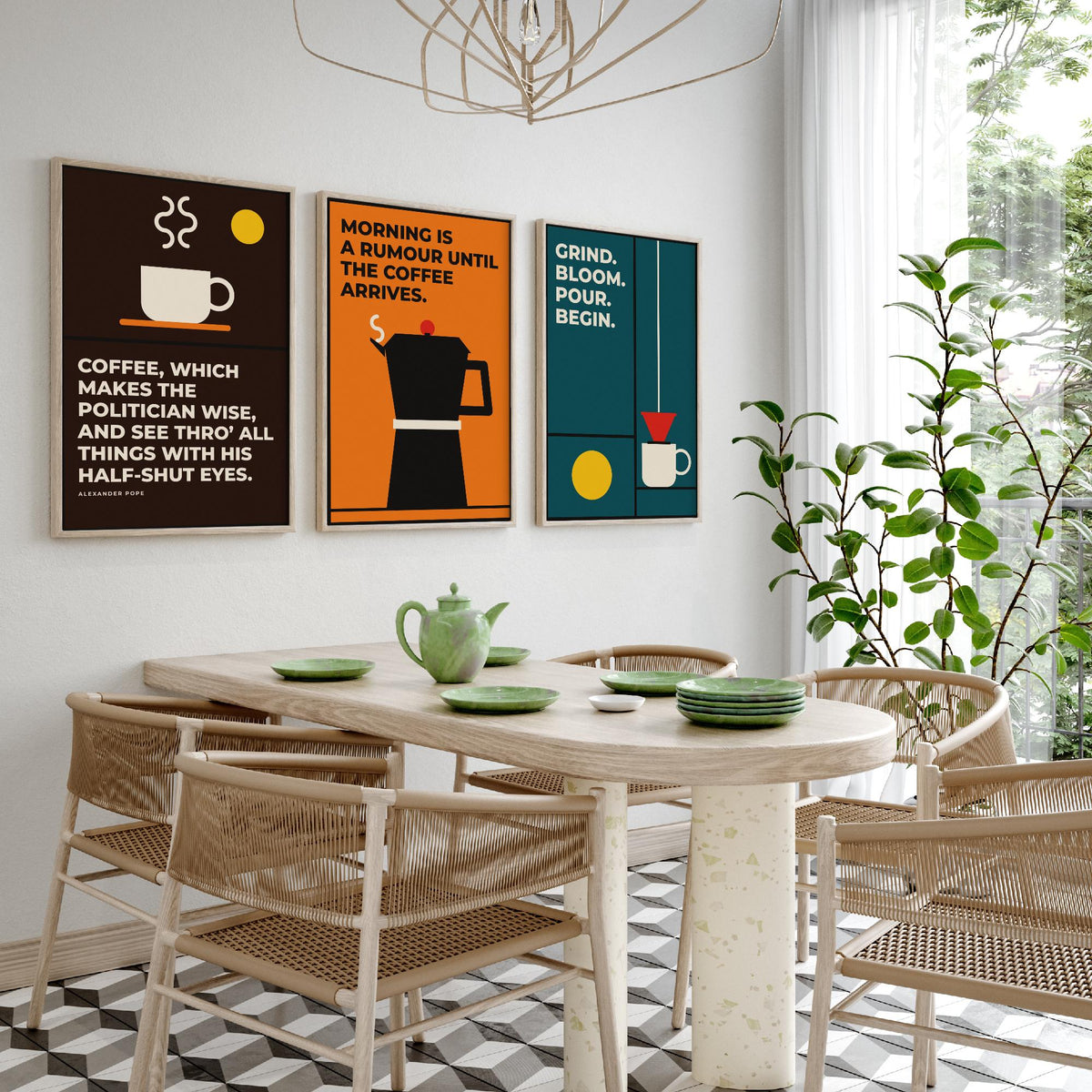 Coffee Quotes Set of Three Art Prints - 3 Bauhaus Barista Posters - Minimalist Kitchen Wall Art Illustration V1
