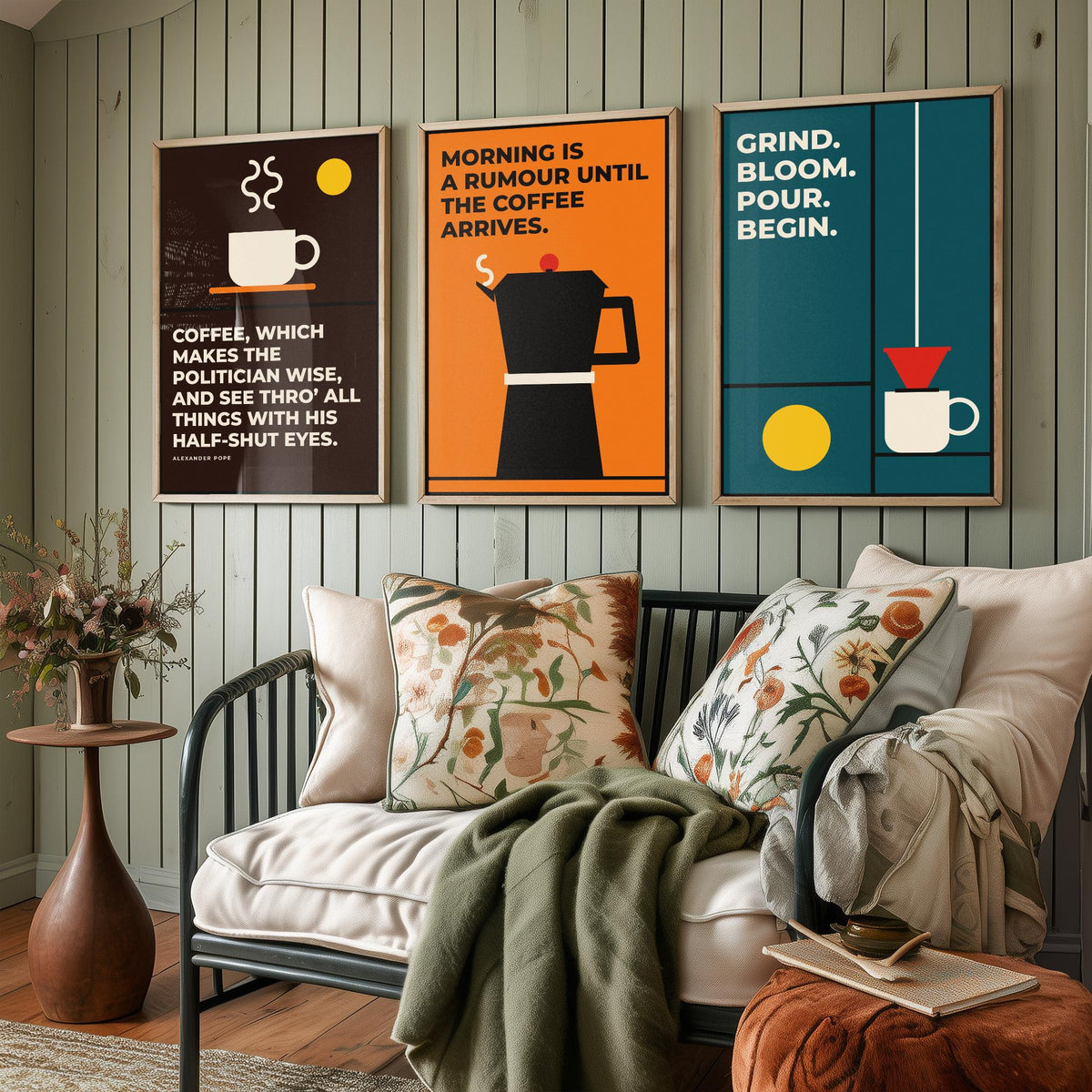 Coffee Quotes Set of Three Art Prints - 3 Bauhaus Barista Posters - Minimalist Kitchen Wall Art Illustration V1