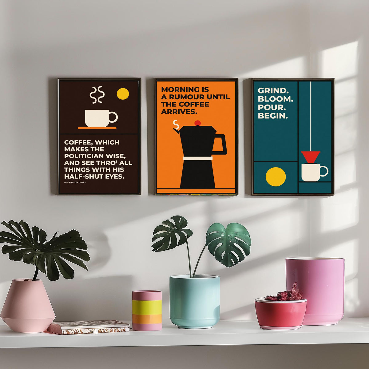Coffee Quotes Set of Three Art Prints - 3 Bauhaus Barista Posters - Minimalist Kitchen Wall Art Illustration V1