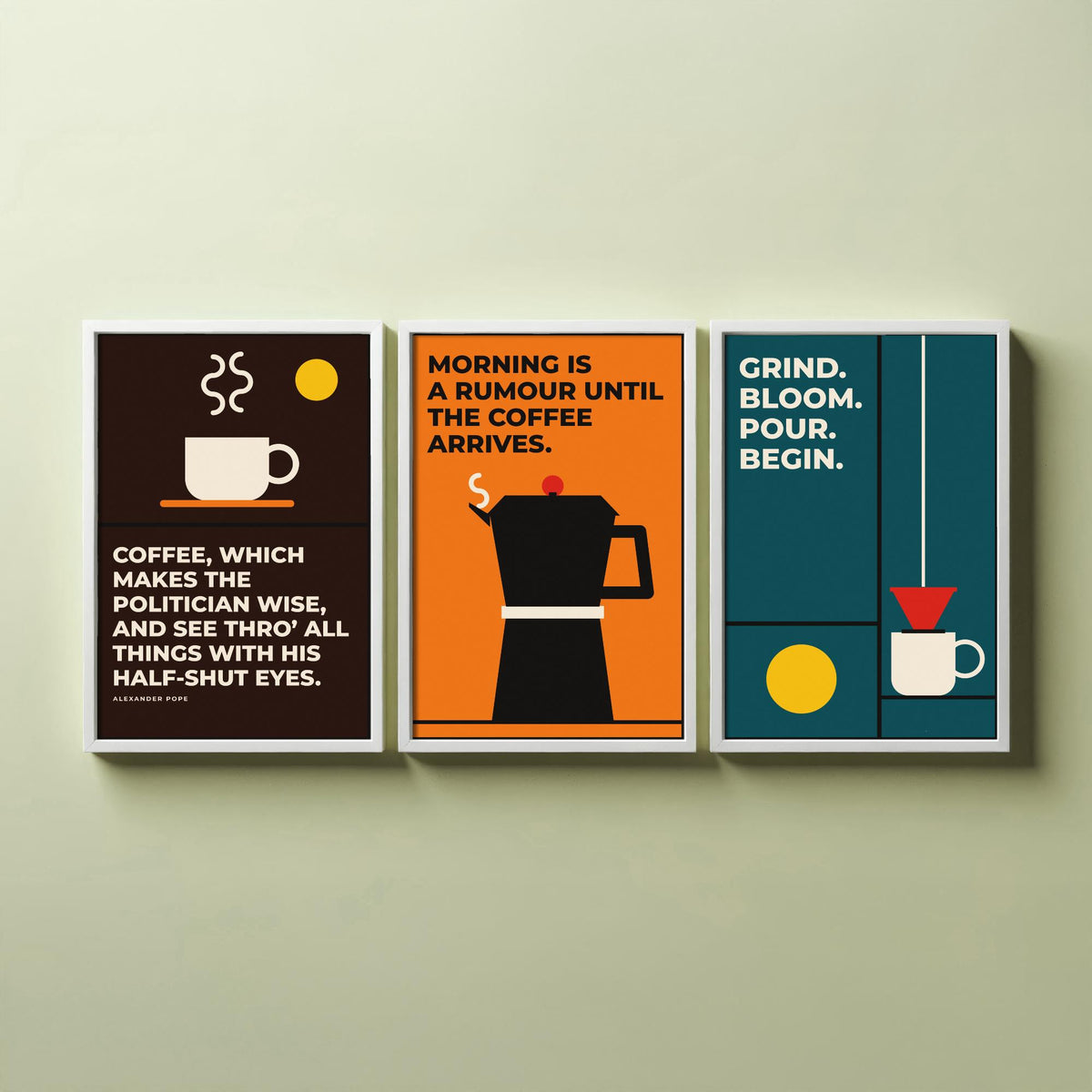 Coffee Quotes Set of Three Art Prints - 3 Bauhaus Barista Posters - Minimalist Kitchen Wall Art Illustration V1