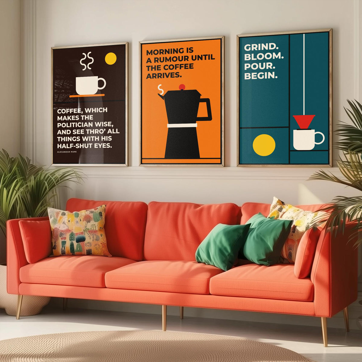 Coffee Quotes Set of Three Art Prints - 3 Bauhaus Barista Posters - Minimalist Kitchen Wall Art Illustration V1