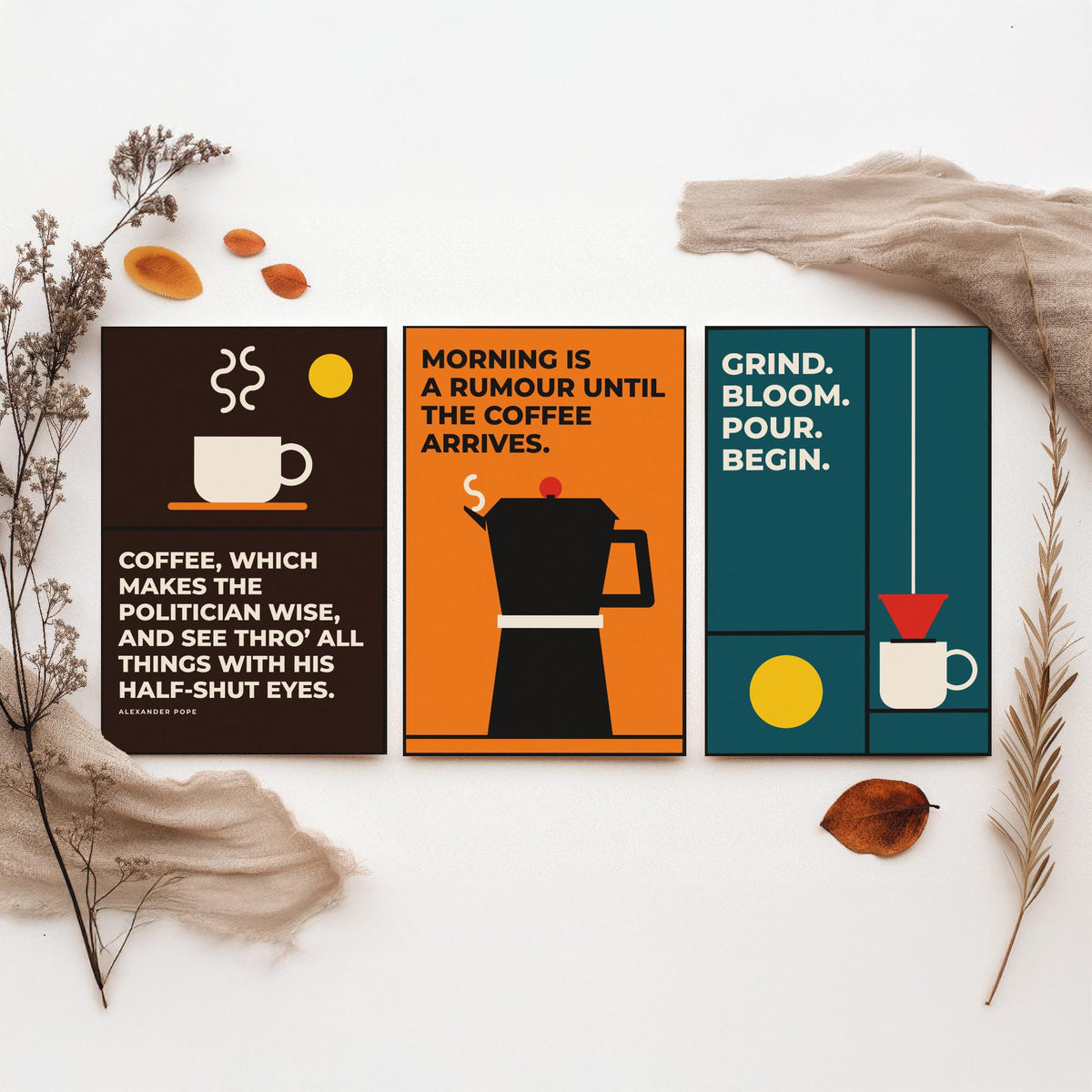 Coffee Quotes Set of Three Art Prints - 3 Bauhaus Barista Posters - Minimalist Kitchen Wall Art Illustration V1