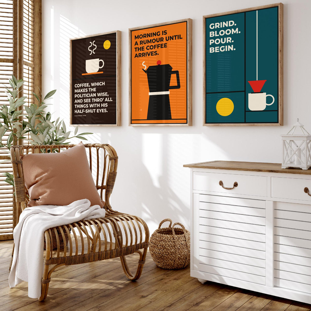 Coffee Quotes Set of Three Art Prints - 3 Bauhaus Barista Posters - Minimalist Kitchen Wall Art Illustration V1