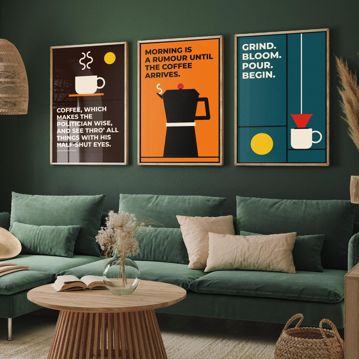 Coffee Quotes Set of Three Art Prints - 3 Bauhaus Barista Posters - Minimalist Kitchen Wall Art Illustration V1