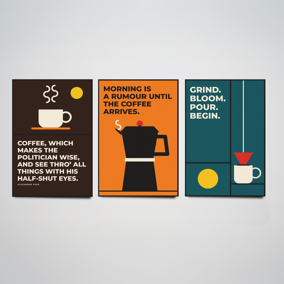 Coffee Quotes Set of Three Art Prints - 3 Bauhaus Barista Posters - Minimalist Kitchen Wall Art Illustration V1