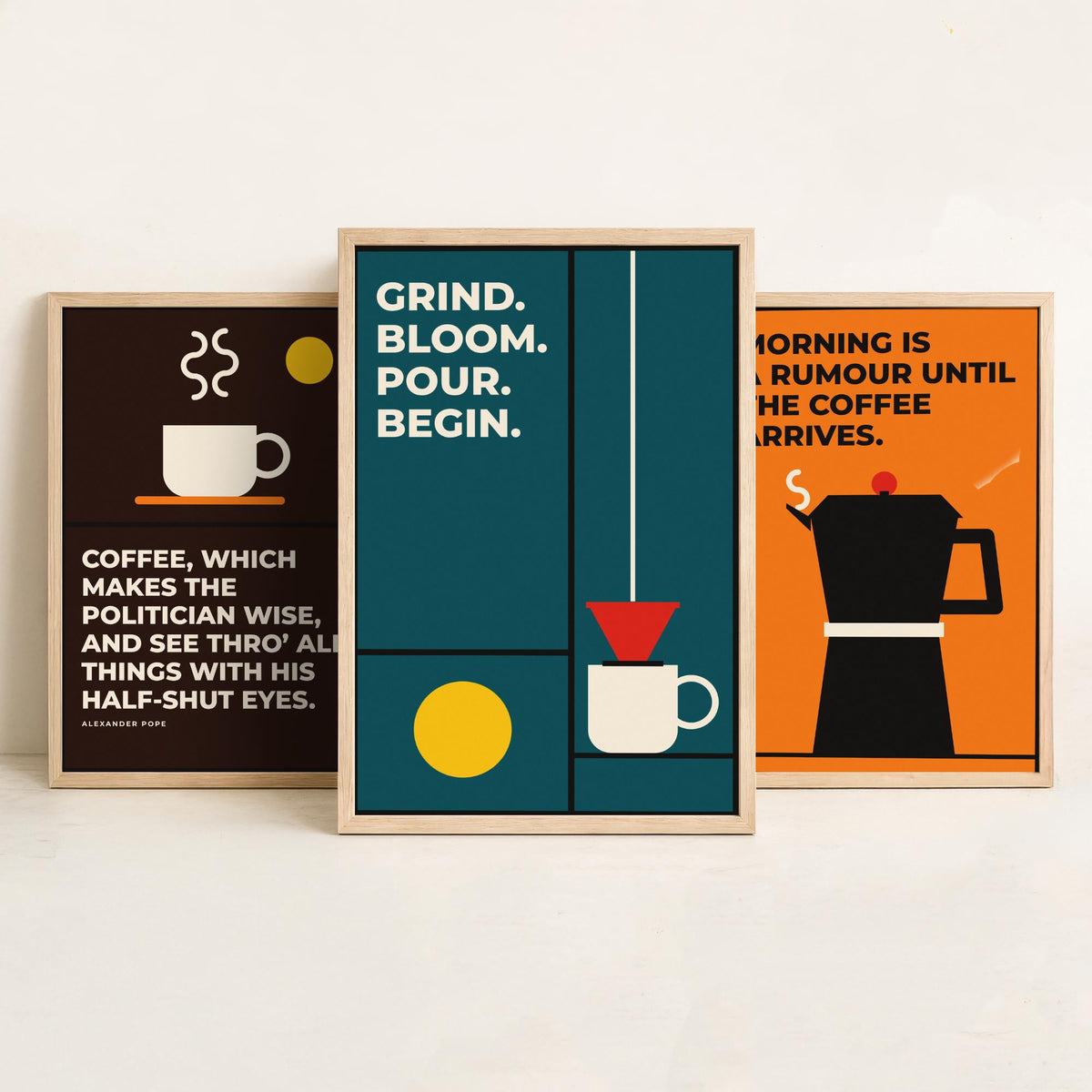 Coffee Quotes Set of Three Art Prints - 3 Bauhaus Barista Posters - Minimalist Kitchen Wall Art Illustration V1