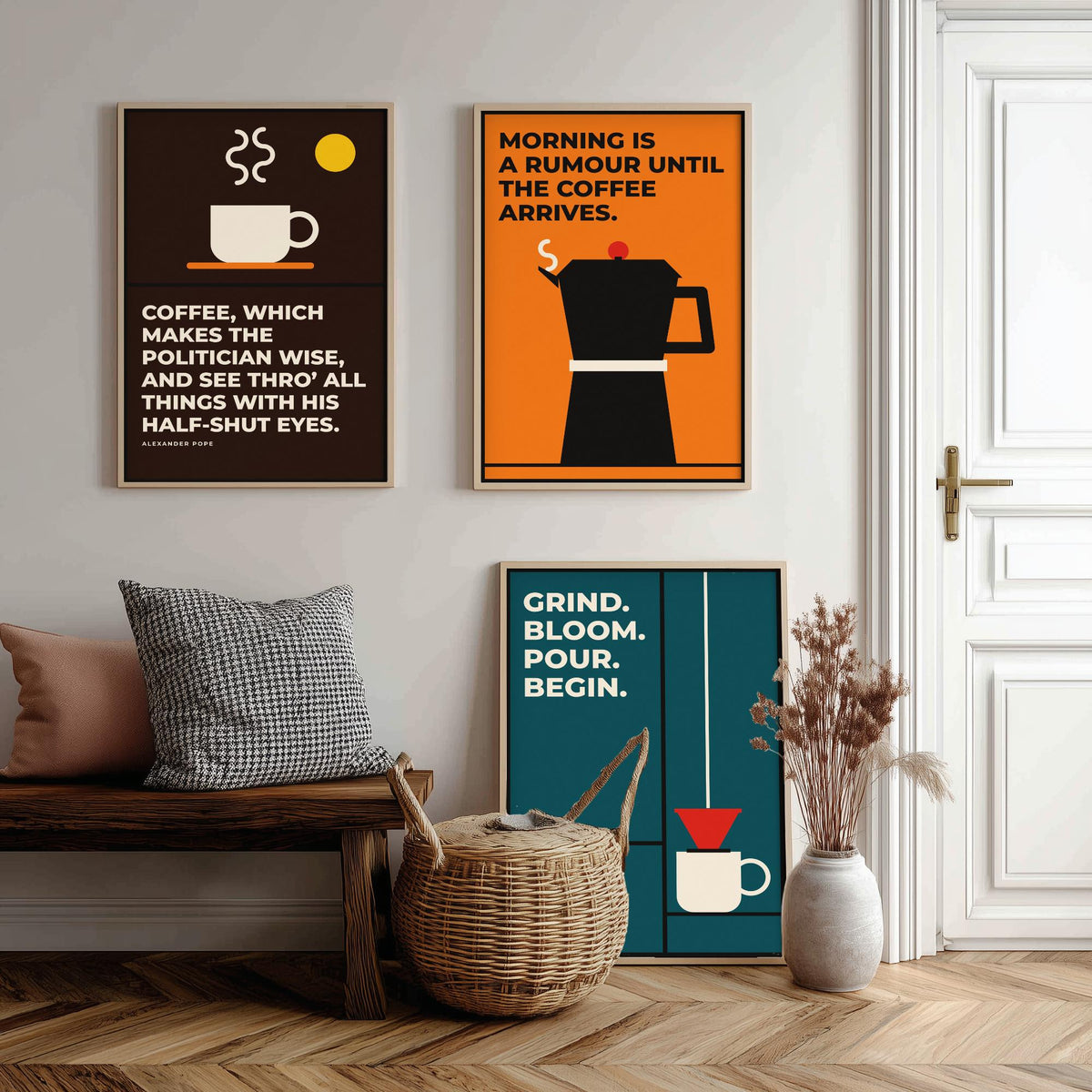 Coffee Quotes Set of Three Art Prints - 3 Bauhaus Barista Posters - Minimalist Kitchen Wall Art Illustration V1