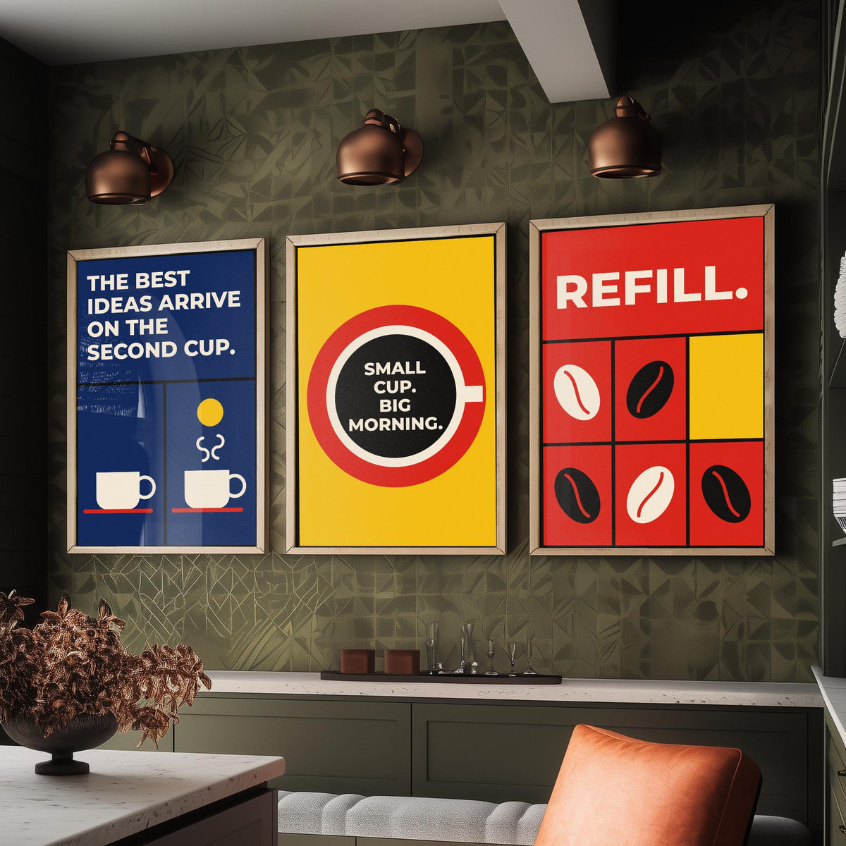 Coffee Quotes Set of Three Art Prints - 3 Retro Bauhaus Barista Posters - Minimalist Kitchen Wall Art Illustration V2