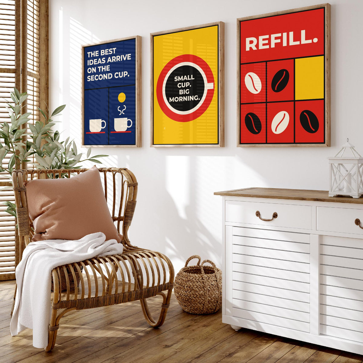 Coffee Quotes Set of Three Art Prints - 3 Retro Bauhaus Barista Posters - Minimalist Kitchen Wall Art Illustration V2
