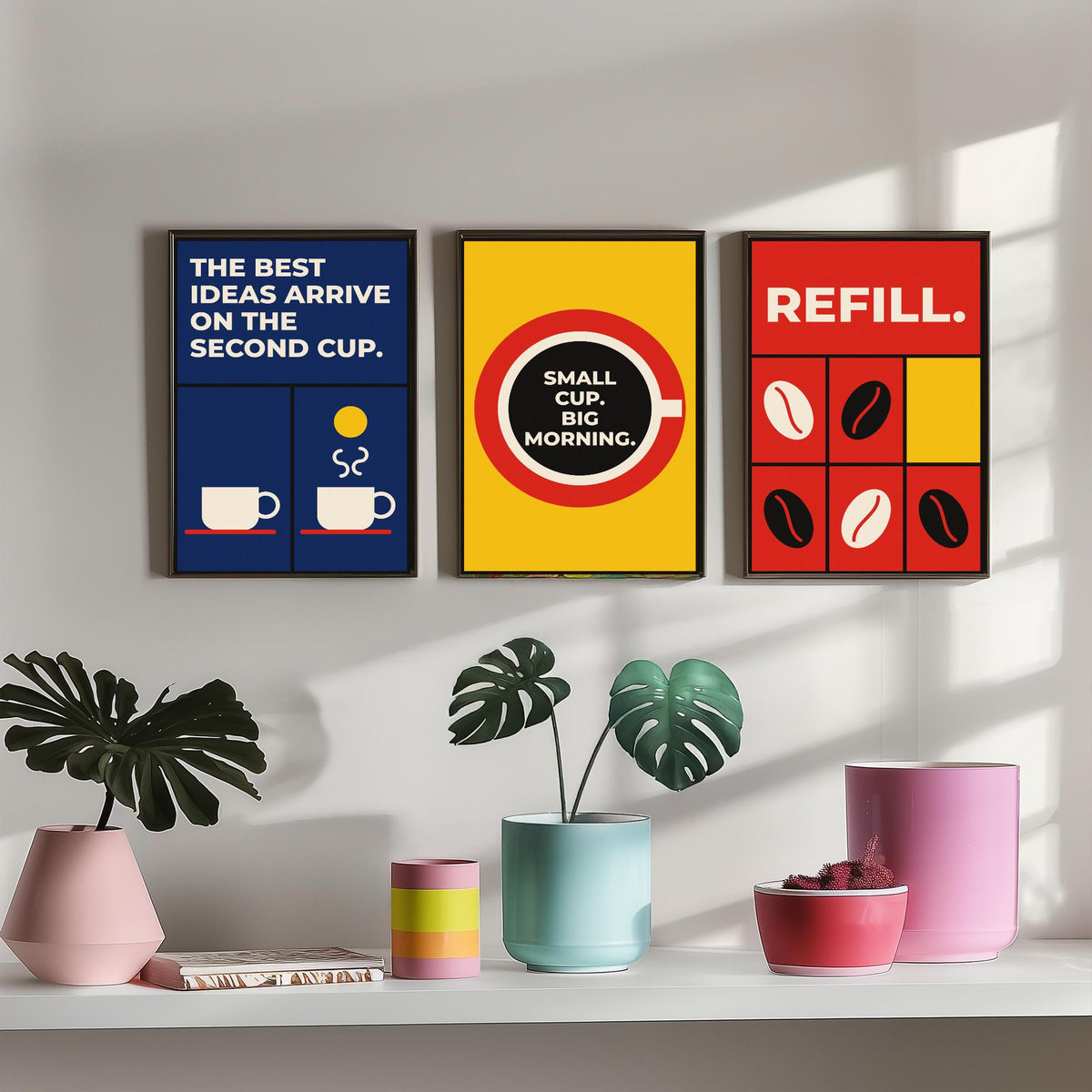 Coffee Quotes Set of Three Art Prints - 3 Retro Bauhaus Barista Posters - Minimalist Kitchen Wall Art Illustration V2