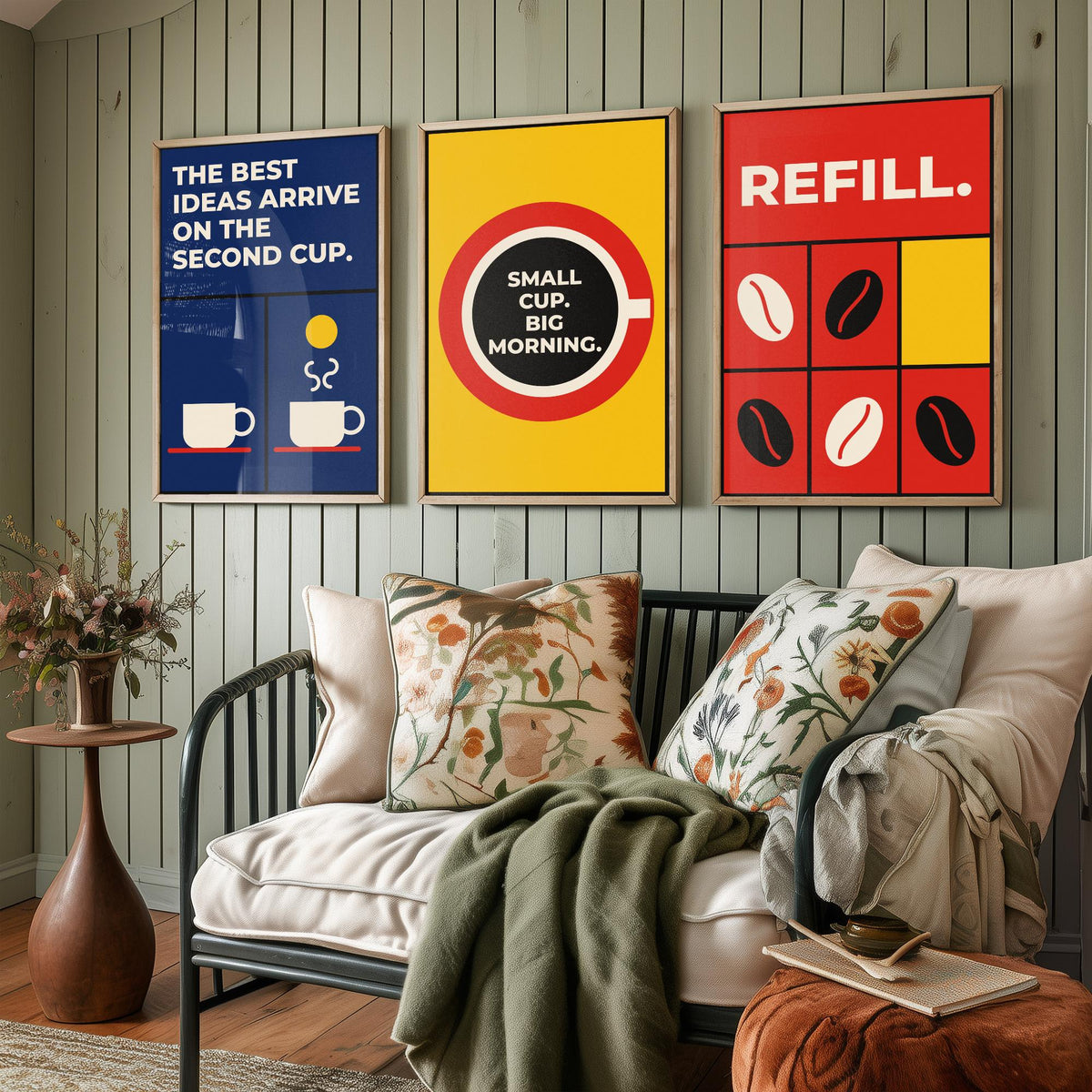 Coffee Quotes Set of Three Art Prints - 3 Retro Bauhaus Barista Posters - Minimalist Kitchen Wall Art Illustration V2
