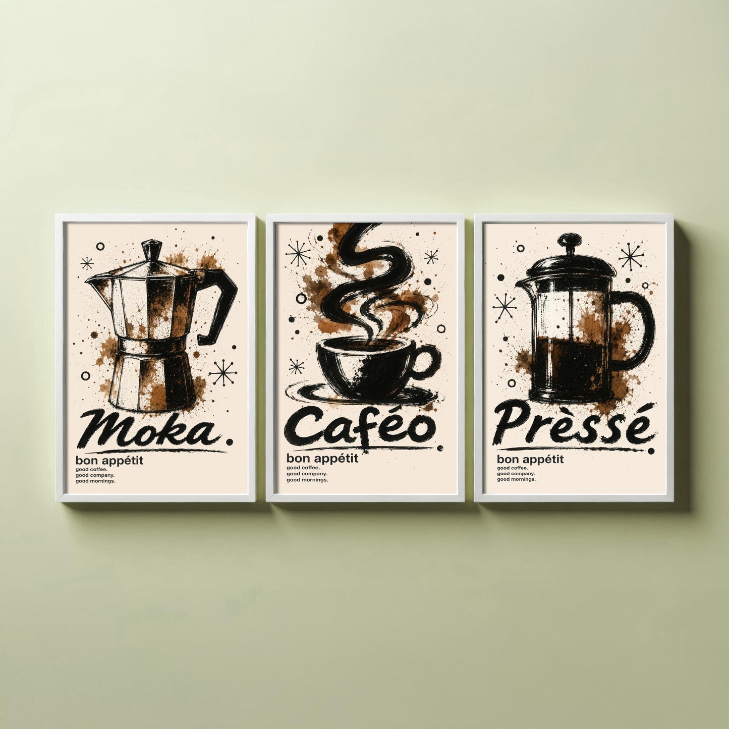 Coffee Lovers Set of Three Art Prints - Moka Pot, Coffee Cup, French Press - Ink Splatter Kitchen Wall Illustration Poster Gift