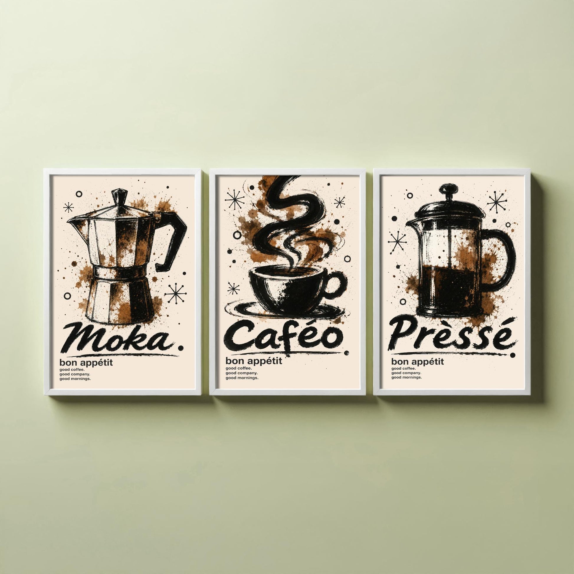 Coffee Lovers Set of Three Art Prints - Moka Pot, Coffee Cup, French Press - Ink Splatter Kitchen Wall Illustration Poster Gift