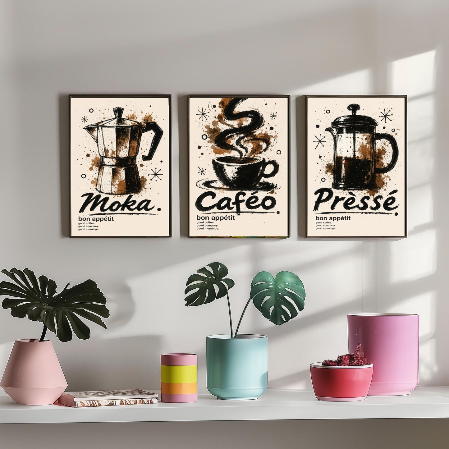 Coffee Lovers Set of Three Art Prints - Moka Pot, Coffee Cup, French Press - Ink Splatter Kitchen Wall Illustration Poster Gift