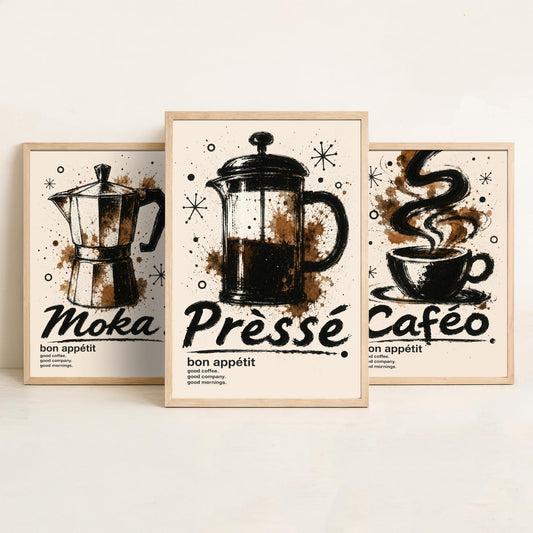 Coffee Lovers Set of Three Art Prints - Moka Pot, Coffee Cup, French Press - Ink Splatter Kitchen Wall Illustration Poster Gift