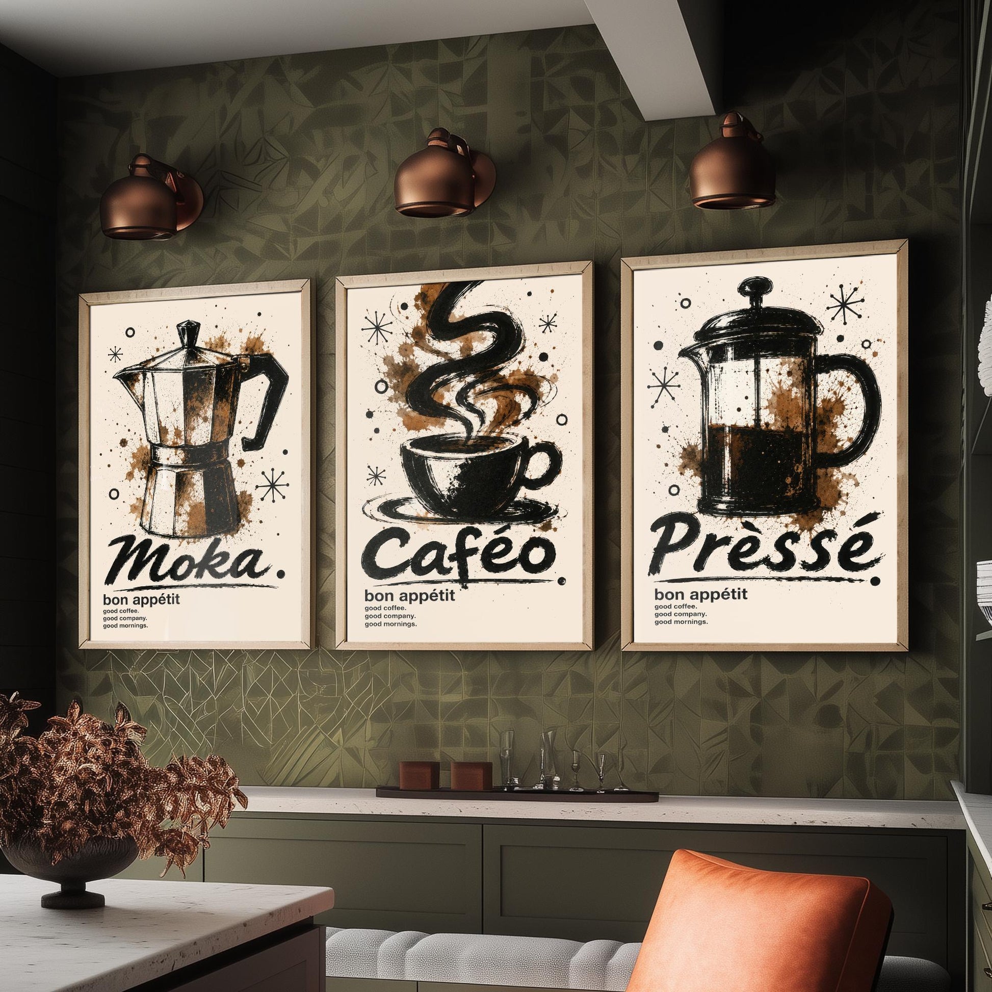 Coffee Lovers Set of Three Art Prints - Moka Pot, Coffee Cup, French Press - Ink Splatter Kitchen Wall Illustration Poster Gift